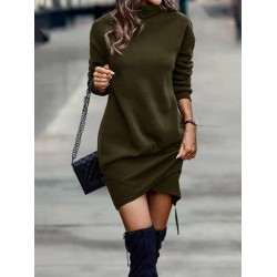 Casual Long Sleeves Solid Color High-Neck Mini Dresses