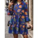 Leaves Print Pleated Split-Joint A-Line Flared Sleeves V-Neck Mini Dresses Leaves Print Pleated Split-Joint A-Line Flared Sleeves V-Neck Mini Dresses