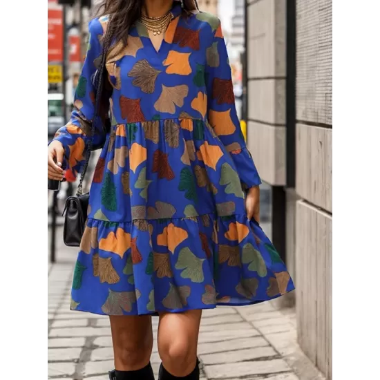 Leaves Print Pleated Split-Joint A-Line Flared Sleeves V-Neck Mini Dresses Leaves Print Pleated Split-Joint A-Line Flared Sleeves V-Neck Mini Dresses