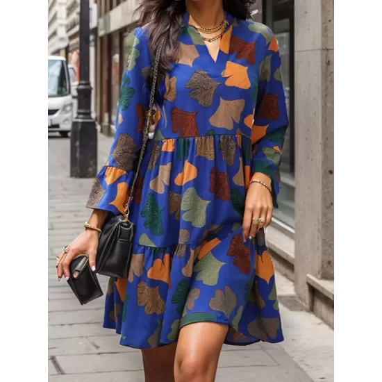 Leaves Print Pleated Split-Joint A-Line Flared Sleeves V-Neck Mini Dresses Leaves Print Pleated Split-Joint A-Line Flared Sleeves V-Neck Mini Dresses