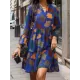 Leaves Print Pleated Split-Joint A-Line Flared Sleeves V-Neck Mini Dresses Leaves Print Pleated Split-Joint A-Line Flared Sleeves V-Neck Mini Dresses