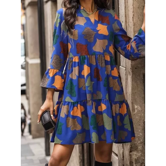 Leaves Print Pleated Split-Joint A-Line Flared Sleeves V-Neck Mini Dresses Leaves Print Pleated Split-Joint A-Line Flared Sleeves V-Neck Mini Dresses