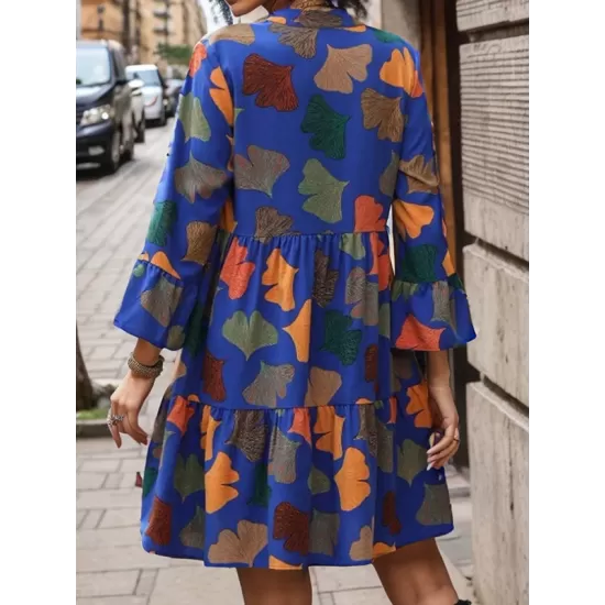 Leaves Print Pleated Split-Joint A-Line Flared Sleeves V-Neck Mini Dresses Leaves Print Pleated Split-Joint A-Line Flared Sleeves V-Neck Mini Dresses