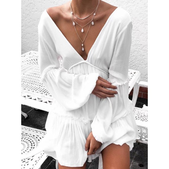 Backless Elasticity Pleated Solid Color Split-Joint A-Line Long Sleeves Deep V-Neck Mini Dresses Backless Elasticity Pleated Solid Color Split-Joint A-Line Long Sleeves Deep V-Neck Mini Dresses