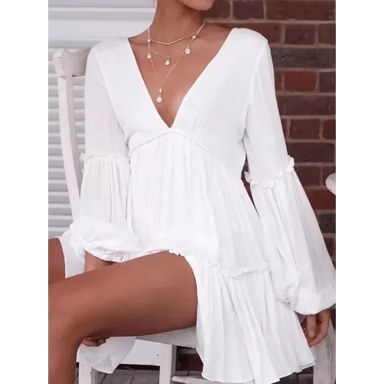 Backless Elasticity Pleated Solid Color Split-Joint A-Line Long Sleeves Deep V-Neck Mini Dresses Backless Elasticity Pleated Solid Color Split-Joint A-Line Long Sleeves Deep V-Neck Mini Dresses