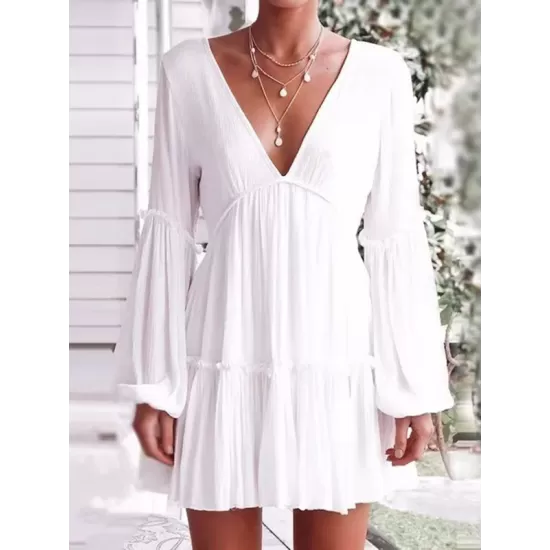 Backless Elasticity Pleated Solid Color Split-Joint A-Line Long Sleeves Deep V-Neck Mini Dresses Backless Elasticity Pleated Solid Color Split-Joint A-Line Long Sleeves Deep V-Neck Mini Dresses