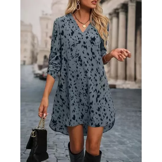 Leopard High-Low Long Sleeves V-Neck Mini Dresses Leopard High-Low Long Sleeves V-Neck Mini Dresses