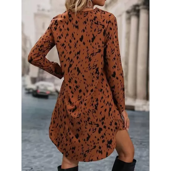 Leopard High-Low Long Sleeves V-Neck Mini Dresses Leopard High-Low Long Sleeves V-Neck Mini Dresses