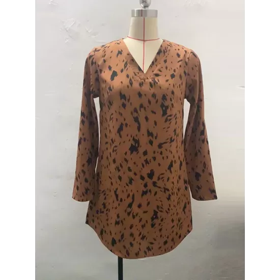Leopard High-Low Long Sleeves V-Neck Mini Dresses Leopard High-Low Long Sleeves V-Neck Mini Dresses