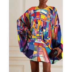 Batwing Sleeves Long Sleeves Buttoned Hollow Printed Round-Neck Mini Dresses