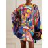 Batwing Sleeves Long Sleeves Buttoned Hollow Printed Round-Neck Mini Dresses