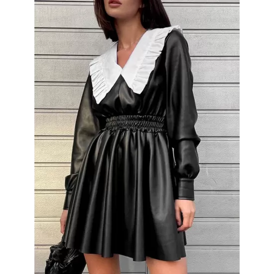 Elasticity Pleated Split-Joint Loose Puff Sleeves Peter Pan Collar Mini Dresses Elasticity Pleated Split-Joint Loose Puff Sleeves Peter Pan Collar Mini Dresses