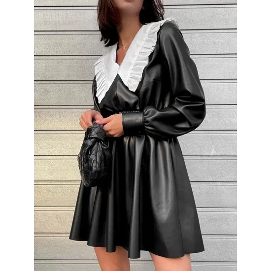 Elasticity Pleated Split-Joint Loose Puff Sleeves Peter Pan Collar Mini Dresses Elasticity Pleated Split-Joint Loose Puff Sleeves Peter Pan Collar Mini Dresses