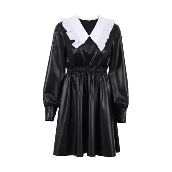 Elasticity Pleated Split-Joint Loose Puff Sleeves Peter Pan Collar Mini Dresses Elasticity Pleated Split-Joint Loose Puff Sleeves Peter Pan Collar Mini Dresses