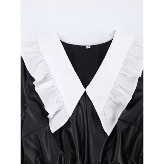 Elasticity Pleated Split-Joint Loose Puff Sleeves Peter Pan Collar Mini Dresses Elasticity Pleated Split-Joint Loose Puff Sleeves Peter Pan Collar Mini Dresses