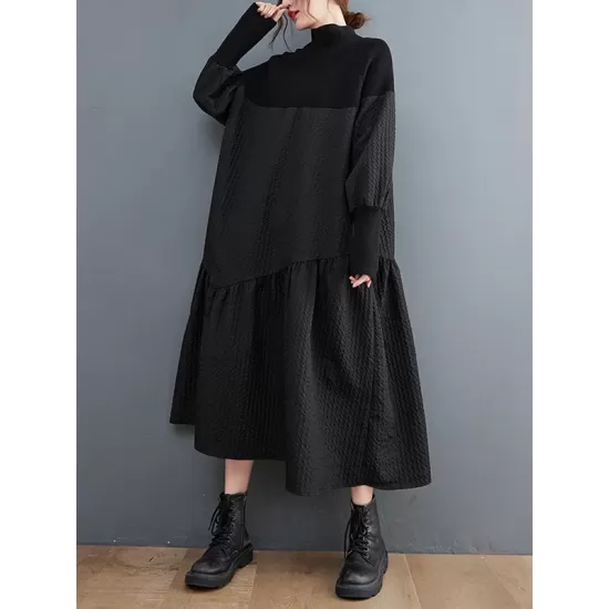 Casual Long Sleeves Loose Split-Joint Jacquard High-Neck Sweater Dresses Casual Long Sleeves Loose Split-Joint Jacquard High-Neck Sweater Dresses