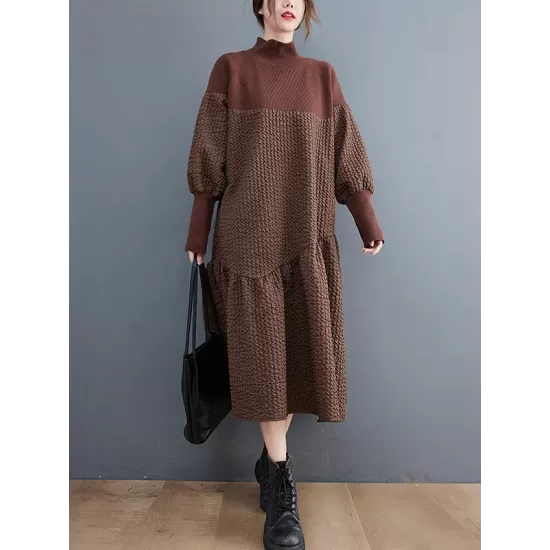 Casual Long Sleeves Loose Split-Joint Jacquard High-Neck Sweater Dresses Casual Long Sleeves Loose Split-Joint Jacquard High-Neck Sweater Dresses