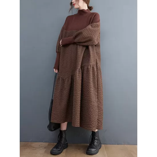 Casual Long Sleeves Loose Split-Joint Jacquard High-Neck Sweater Dresses Casual Long Sleeves Loose Split-Joint Jacquard High-Neck Sweater Dresses