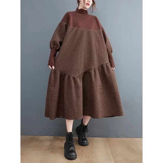 Casual Long Sleeves Loose Split-Joint Jacquard High-Neck Sweater Dresses Casual Long Sleeves Loose Split-Joint Jacquard High-Neck Sweater Dresses