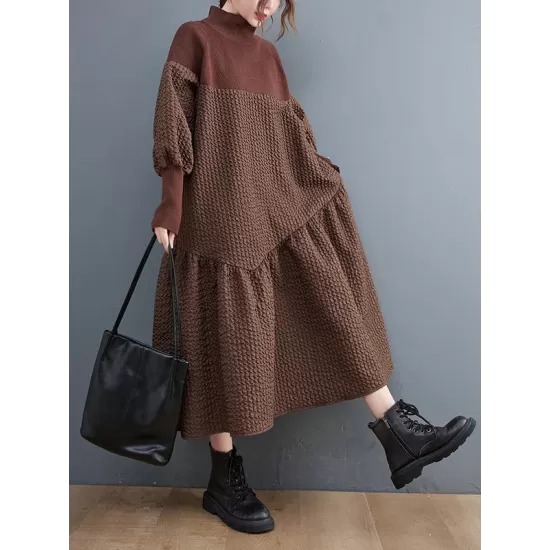 Casual Long Sleeves Loose Split-Joint Jacquard High-Neck Sweater Dresses Casual Long Sleeves Loose Split-Joint Jacquard High-Neck Sweater Dresses