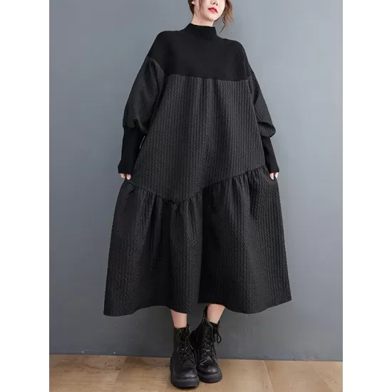 Casual Long Sleeves Loose Split-Joint Jacquard High-Neck Sweater Dresses Casual Long Sleeves Loose Split-Joint Jacquard High-Neck Sweater Dresses