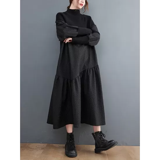 Casual Long Sleeves Loose Split-Joint Jacquard High-Neck Sweater Dresses Casual Long Sleeves Loose Split-Joint Jacquard High-Neck Sweater Dresses