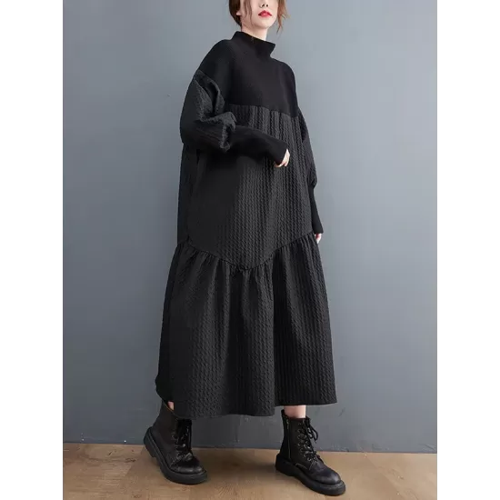 Casual Long Sleeves Loose Split-Joint Jacquard High-Neck Sweater Dresses Casual Long Sleeves Loose Split-Joint Jacquard High-Neck Sweater Dresses