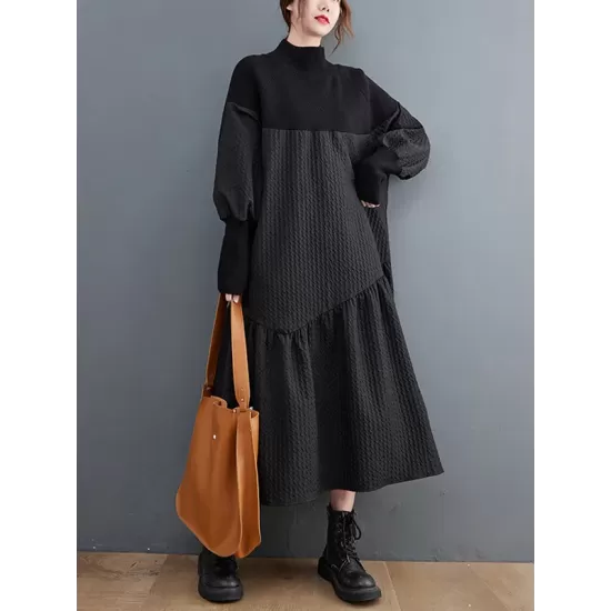 Casual Long Sleeves Loose Split-Joint Jacquard High-Neck Sweater Dresses Casual Long Sleeves Loose Split-Joint Jacquard High-Neck Sweater Dresses