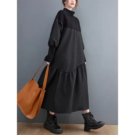 Casual Long Sleeves Loose Split-Joint Jacquard High-Neck Sweater Dresses Casual Long Sleeves Loose Split-Joint Jacquard High-Neck Sweater Dresses