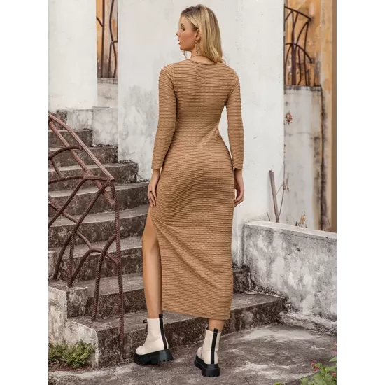 Casual Long Sleeves Wrap Hollow Solid Color V-Neck Midi Dress Casual Long Sleeves Wrap Hollow Solid Color V-Neck Midi Dress