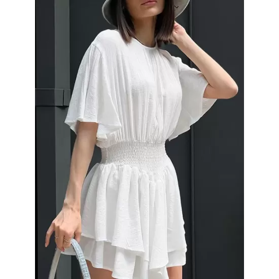 Falbala Solid Color Wrap Round-Neck Mini Dresses Falbala Solid Color Wrap Round-Neck Mini Dresses