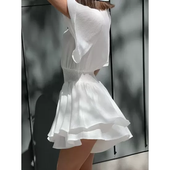 Falbala Solid Color Wrap Round-Neck Mini Dresses Falbala Solid Color Wrap Round-Neck Mini Dresses