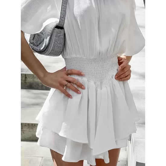 Falbala Solid Color Wrap Round-Neck Mini Dresses Falbala Solid Color Wrap Round-Neck Mini Dresses