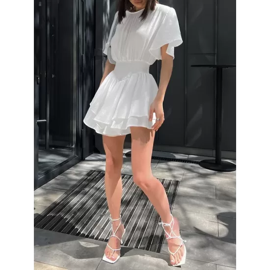 Falbala Solid Color Wrap Round-Neck Mini Dresses Falbala Solid Color Wrap Round-Neck Mini Dresses