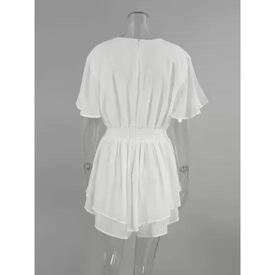 Falbala Solid Color Wrap Round-Neck Mini Dresses Falbala Solid Color Wrap Round-Neck Mini Dresses