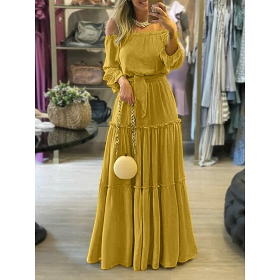 Falbala Solid Color Wrap Off-The-Shoulder Maxi Dresses Falbala Solid Color Wrap Off-The-Shoulder Maxi Dresses