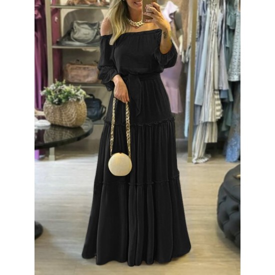 Falbala Solid Color Wrap Off-The-Shoulder Maxi Dresses Falbala Solid Color Wrap Off-The-Shoulder Maxi Dresses