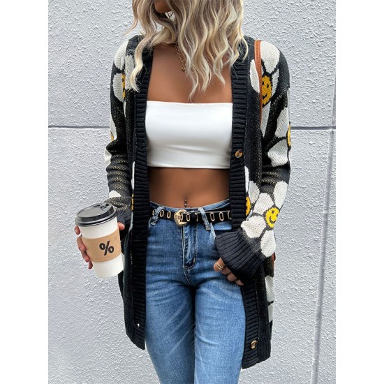 Contrast Color Knitted Flower Loose Wrap Cardigan Tops Contrast Color Knitted Flower Loose Wrap Cardigan Tops