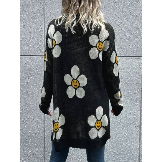 Contrast Color Knitted Flower Loose Wrap Cardigan Tops Contrast Color Knitted Flower Loose Wrap Cardigan Tops