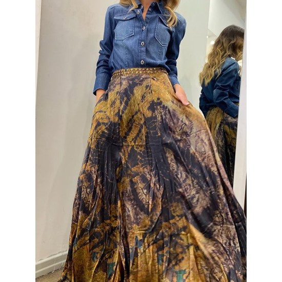 Contrast Color Flower Print Loose Wrap Skirts Bottoms Contrast Color Flower Print Loose Wrap Skirts Bottoms