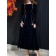 Long Sleeves Wrap Bandage Belted Contrast Color Square-Neck Maxi Dresses Long Sleeves Wrap Bandage Belted Contrast Color Square-Neck Maxi Dresses