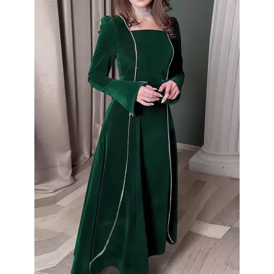 Long Sleeves Wrap Bandage Belted Contrast Color Square-Neck Maxi Dresses Long Sleeves Wrap Bandage Belted Contrast Color Square-Neck Maxi Dresses