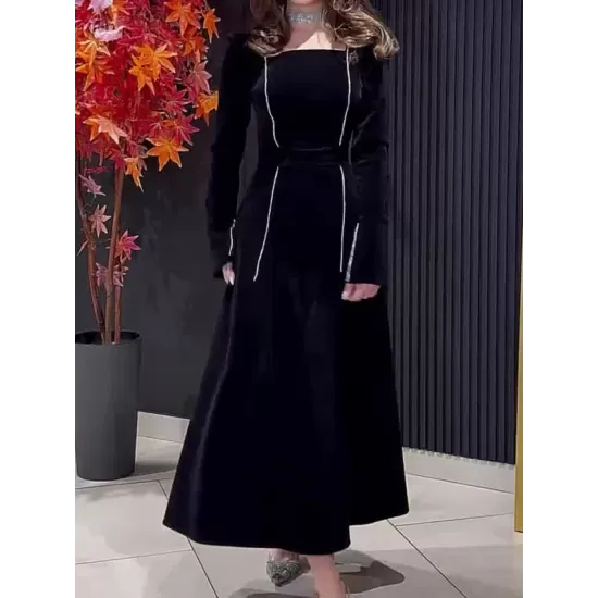 Long Sleeves Wrap Bandage Belted Contrast Color Square-Neck Maxi Dresses Long Sleeves Wrap Bandage Belted Contrast Color Square-Neck Maxi Dresses