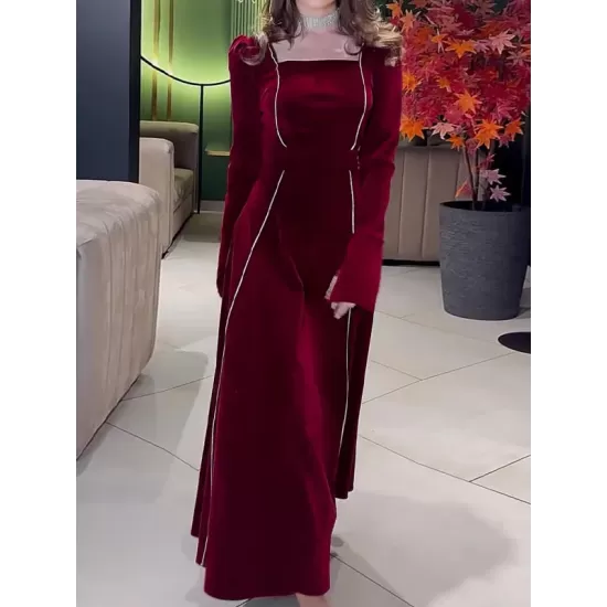 Long Sleeves Wrap Bandage Belted Contrast Color Square-Neck Maxi Dresses Long Sleeves Wrap Bandage Belted Contrast Color Square-Neck Maxi Dresses