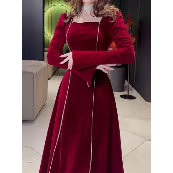 Long Sleeves Wrap Bandage Belted Contrast Color Square-Neck Maxi Dresses Long Sleeves Wrap Bandage Belted Contrast Color Square-Neck Maxi Dresses