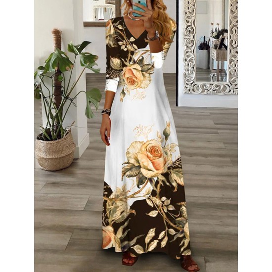 Contrast Color Flower Print Loose Wrap V-Neck Maxi Dresses Contrast Color Flower Print Loose Wrap V-Neck Maxi Dresses
