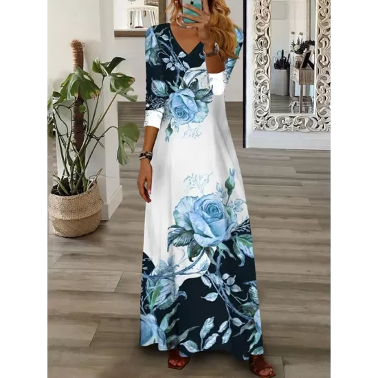 Contrast Color Flower Print Loose Wrap V-Neck Maxi Dresses Contrast Color Flower Print Loose Wrap V-Neck Maxi Dresses