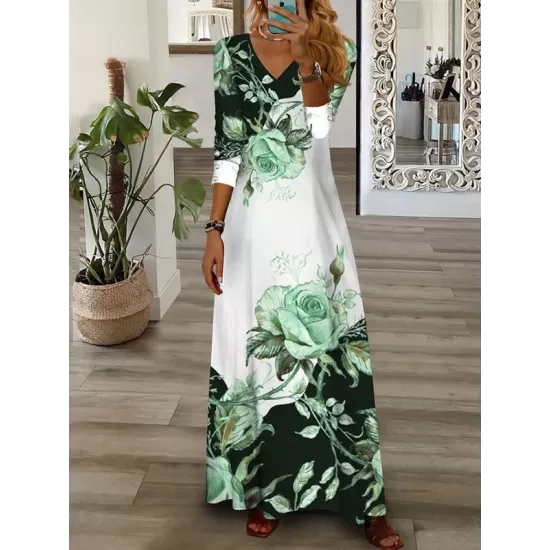 Contrast Color Flower Print Loose Wrap V-Neck Maxi Dresses Contrast Color Flower Print Loose Wrap V-Neck Maxi Dresses