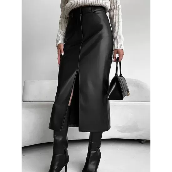 Pockets Solid Color Split-Front Zipper Skinny Wrap Skirts Bottoms Pockets Solid Color Split-Front Zipper Skinny Wrap Skirts Bottoms