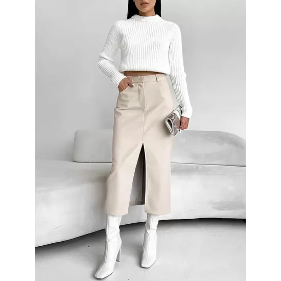 Pockets Solid Color Split-Front Zipper Skinny Wrap Skirts Bottoms Pockets Solid Color Split-Front Zipper Skinny Wrap Skirts Bottoms